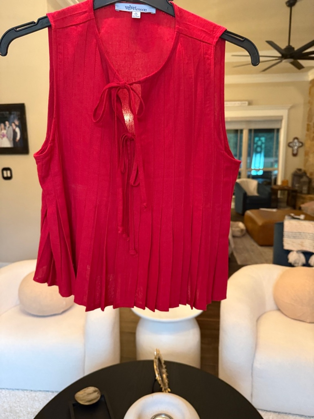 Velvet by Graham & Spencer Crimson Red Pleated linen Tie-Front Sleeveless Top